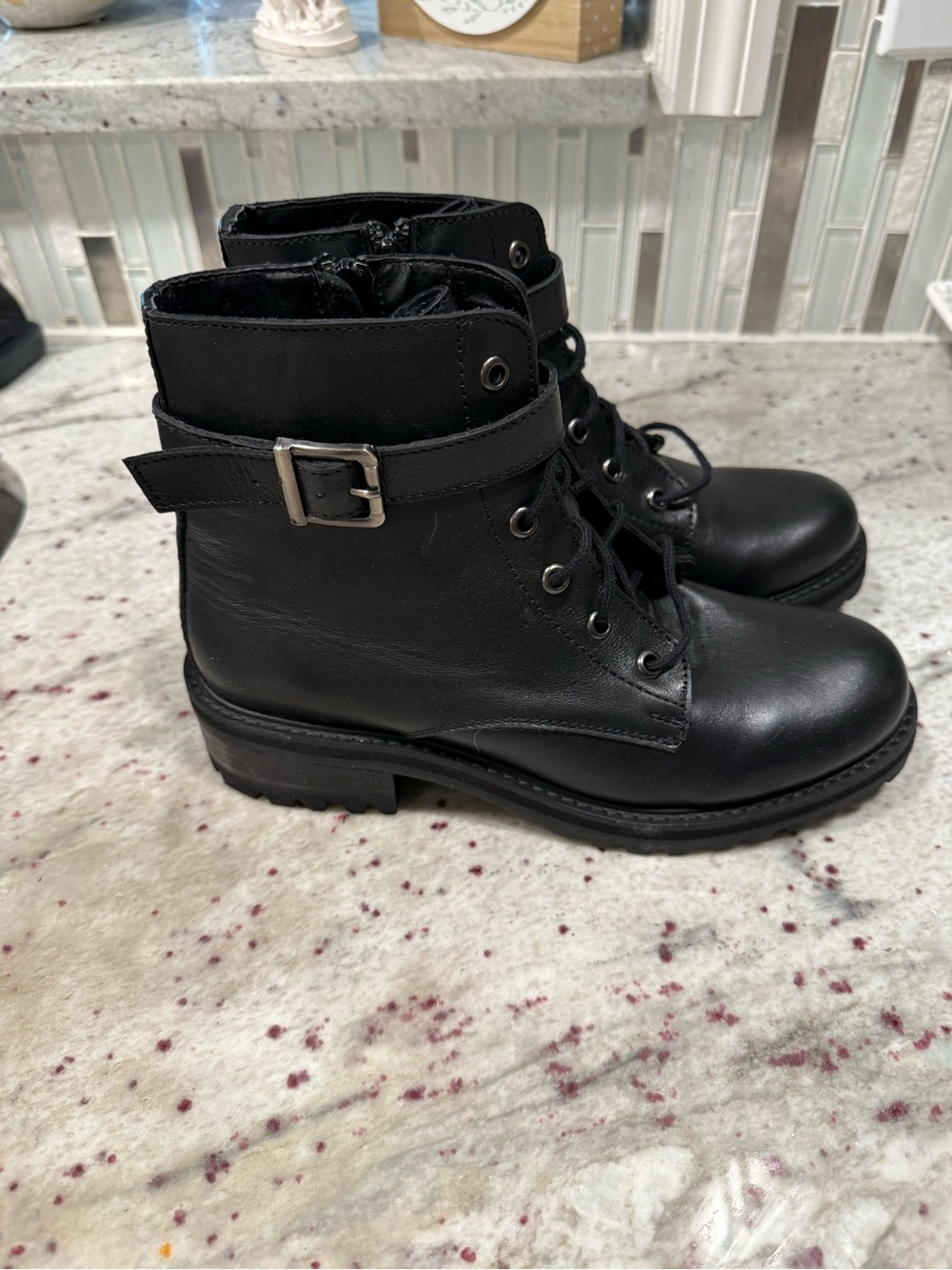 Chelsea & Violet Black Leather Lace-Up Combat Boots with Buckle Strap